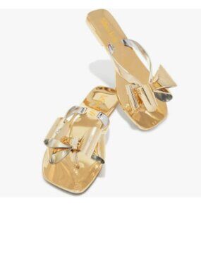 miss left Gold Open Toe Flip Flops Double Bowknots Slip on Thong Sandal